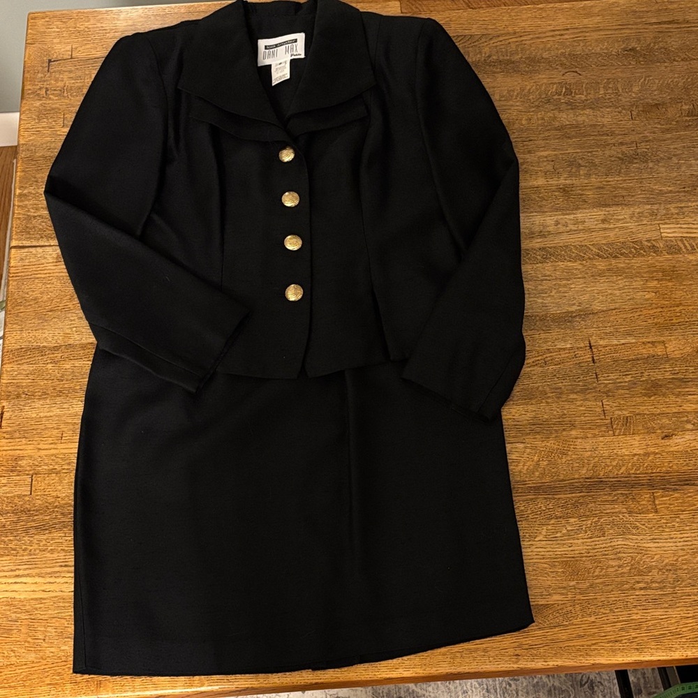 Vintage 80s Black Blazer and Skirt Set with Gold Buttons skirt suit military 6P